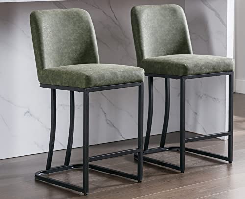 Vescasa 24" H Counter Height Barstools With Back, Mid Century Modern Faux Leather Upholstered Counter Stool Chairs With Black Metal Frame For Kitchen Island, Bar, Pub, Set Of 2, Green #TOP2