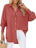 TARSE Women Linen Shirt Smocked Cuffed Casual Collar Long Sleeve Oversized Button Down Blouse Tops Boyfriend Shirt(RustRed,L)