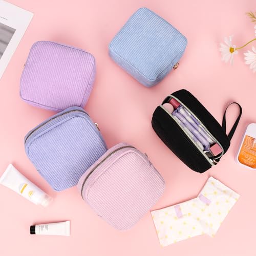 Image of Corduroy Period Pouch Small Discreet Period Bag Sanitary Napkin Storage Bag Cute Menstrual Pad Pouch Tampon Bag for Purse Portable Zipper Makeup Bags for Women Ladies Purple