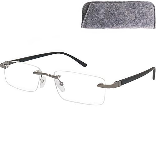 Mini Brille Occhiali Da Lettura Con Lenti Rettangolari Senza Montatura, Custodia In Omaggio, Dettagli In Acciaio Inox (Nero), Donna E Uomo +2.0 Diottr