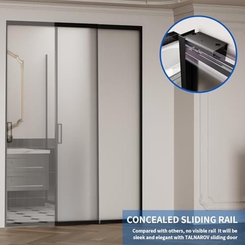 Image of Opening Size Fits 30 inch-36 inch W x 75 inch-85 inch H Concealed Sliding Barn Door, Frosted Glass, Waterproof Modern Sliding Door for Bathroom /Kitchen Privacy, 5 /16 inch(8mm) Tempered Glass, with Soft Close