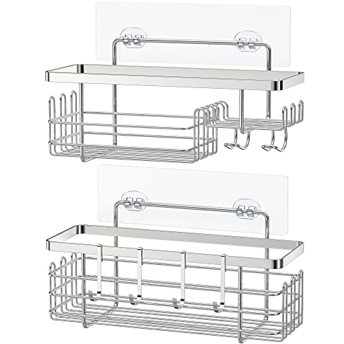 Parake Shower Caddy Organizer With Soap Holder, 2-Pack Sus304 Stainless Steel Shower Shelves, Self Adhesive Rustproof Shower Caddy With Hooks, For Bathroom Shampoo Soap Storage Kitchen Rack, Silver #TOP7