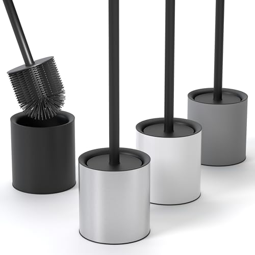 SAVEGA Silicone Toilet Brush Silver with Holder – Discreet Stainless Steel Toilet Brush with Protective Lid – Durable & Hygienic (Silver, 1-Pack)