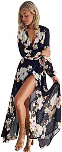 Women Dress,Nighter Women Dress Nighter Ladies Floral Print Long Sleeve Boho Evening Party Long Maxi Dress (L, BLACK)