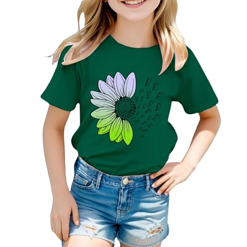 Girls Loose Fit Sunflower Graphic T Shirts Short Sleeve Crewneck Cute Pattern Printed Tops Kids (D-Green, 8-9 Years)3