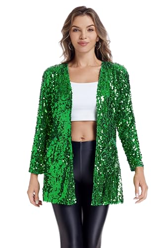 THANKPEARL Women's Sequin Jacket Long Sleeve Open Front Blazer Sparkly Party Cardigan Green,XL