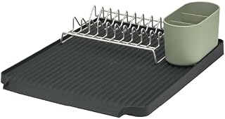 ReBorn - Recycled Dish Drain Rack - Sink Drain - Holds Up to 10 Plates - Removable Cutlery Basket - Stainless Steel Rack - Made in the UK (Sage Green & Charcoal Grey, Large) | Rymmer 10 tallrikar, avtagbar bestickkorg, rostfritt stålställ, droppbricka, torkning, återvunnen plastram