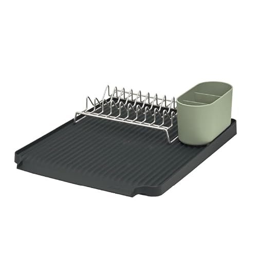 Reborn Charcoal Grey & Sage Green - Recycled Dish Draining Rack - Kitchen Sinkside Drainer - Holds Up To 10 Plates - Removable Cutlery Basket - Stainless Steel Rack - Made In Britain (Sage Green & Charcoal Grey, Large)