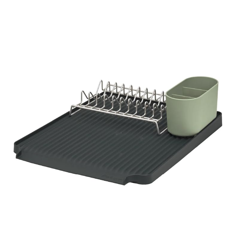 ReBorn - Recycled Dish Draining Rack - Kitchen Sinkside Drainer - Holds up to 10 Plates - Removable Cutlery Basket - Stainless Steel Rack - Made in Britain (Sage Green & Charcoal Grey, Large)