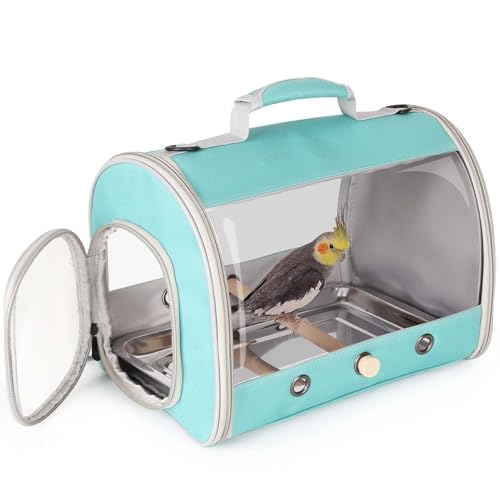 Long Tail Portable Bird Travel Carrier Cage with Metal Tray Soft Mat and Wooden Standing Perch, Hands Free Lightweight Clear 2 Windows Carry Bag for Parakeet Budgies Cockatiel Transport to Vet