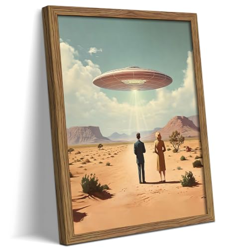 Vintage UFO Wall Art, Retro Alien Spaceship Desert Landscape Framed Canvas Print Poster, Mid Century Modern Sci-Fi Wall Decor Painting Picture for Living Room Bedroom Office Home 16x24 Inch