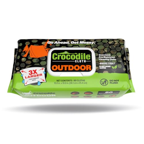 Crocodile Cloth Outdoor Cleaning Wipes – 80 Count Plant-Based Cloths (15″x10″), Skin Safe, Pre-Moistened, Aloe & Vitamin E Infused, Large, Absorbent, Multi-Surface Disposable Wipes
