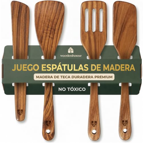 Espátulas Madera Para Cocinar - Juego De 4 Utensilios De Cocina Madera De Teca, Incluye Espátula Volteadora, Ranurada, Raspador Y Para Freír. Accesorios Cocina - Duraderos Y Antiadherentes