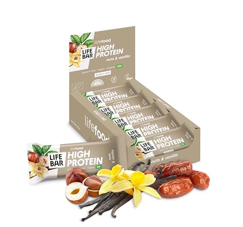Lifefood Protein Riegel, Proteinriegel Ohne Zucker, Eiweißriegel Snack, BIO Vegan, Glutenfrei, Laktosefrei, Ohne Zuckerzusatz, Biologisch angebaut - 15er Pack (15 x 40 g) (Nüsse&Vanille)
