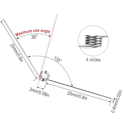 GUNGY 10 sztuk Sprężyny skrętne ze stali nierdzewnej średnica drutu 0,4 mm średnica wewnętrzna 2 mm długość ramienia 20 mm kąt 135° 4 obrót w lewo 0,4 x 2 x 20 mm