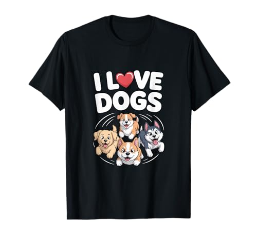 I Love Dogs Cute Puppy Cartoon Cuore Maglietta