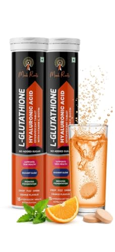 Image of L-Glutathione with Hyaluronic Acid Effervescent Tablets, Orange Flavour, Vitamin C, Biotin (30 Count (Pack of 2), Orange)