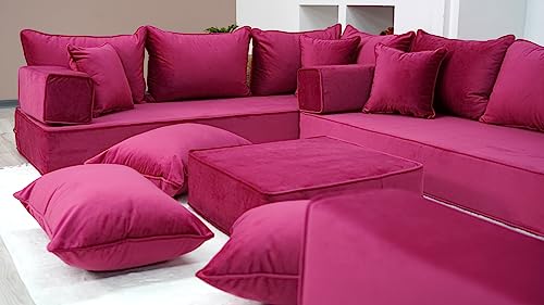 8" Thickness Pink U Shaped Floor Seating Sofas, Pallet Sofa, Terrace Sofa, Sofa Slipcovers, Luxury Velvet Floor Sofas, Moroccan Home Decor Livingroom Sofas (U Sofa + Ottoman + Pillows) #TOP5