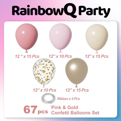 Image of Metallic Pink and Gold Balloons 12 Inch 67PCS Sand White Champagne Confetti Latex Helium Balloons Set for Anniversary Wedding Birthday Party Decorations