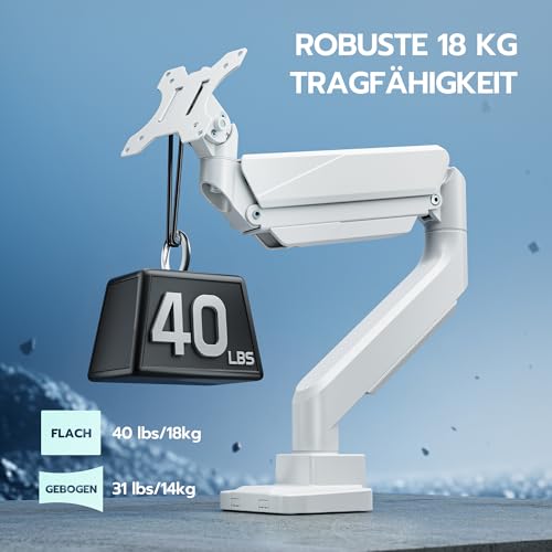 ARES WING Monitor Halterung für 17-45 Flach Curved Bildschirm, Höhenverstellbar Bildschirmhalterung, Einzel Monitor Arm Tragfähigkeit Max 18 kg, 75/100mm Vesa-Halterung, Tischhalterung Weiß