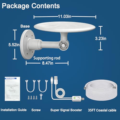 Image of Omni Directional Outdoor TV Antenna for Local Channel Receive, White | 720 Long Range Signal Reception, with Super Signal Booster, 35ft HDTV Cable, for Attic /Camper /RV /Boat