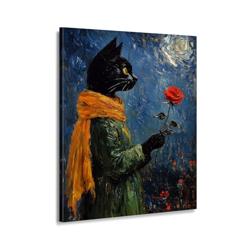 Toile murale chat noir et rose 40x60 cm encadrée pour décoration bohème