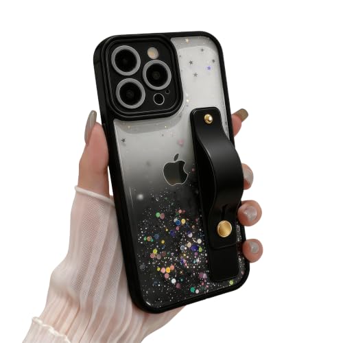 siduater Strap Holder Case for 6.1" iPhone 15 Pro with Wristband Kickstand, Bling Glitter Sparkle Clear Cover Soft TPU Bumper Adjustable Hand Grip Loop for iPhone 15 Pro 6.1 Inch, Black