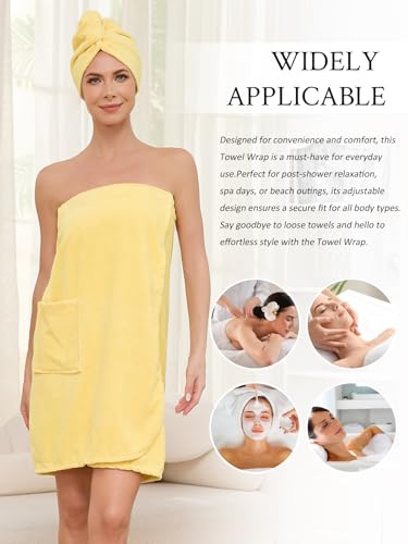Image of Air Curvey Soft Wrap Towel for Women Lightweight Spa Body Wrap Shower Wrap Robe Adjustable Closure Bathrobe with Pocket Yellow S /M