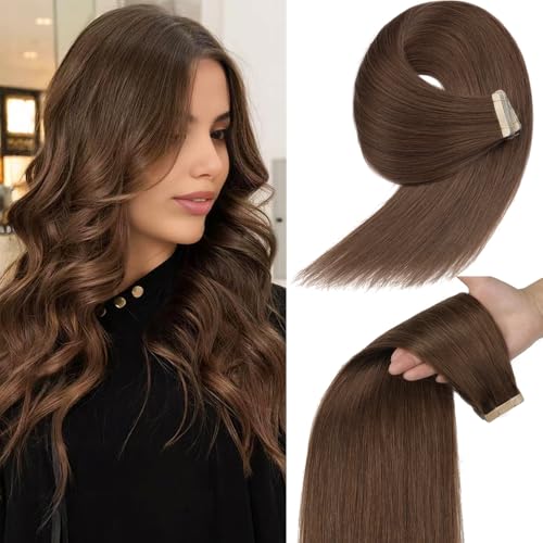 Image of YDDM Tape in Hair Extensions, 16 Inch 20pcs Chocolate Brown Invisible Tape in Hair Extensions Human Hair Straight Seamless 100% Remy Human Hair(4#, 16 Inch)