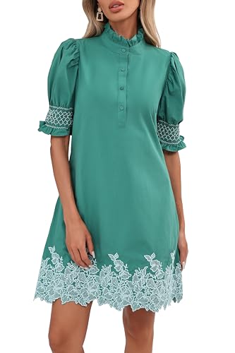 YEXPINE Women's Summer Embroidered Mini Dress Short Puff Sleeve Ruffle