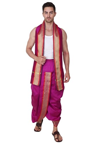Image of Rameshwaram Fabrics Mens Ready to Wear Silk Dhoti with Angwastra Set - Pocket Dhothi