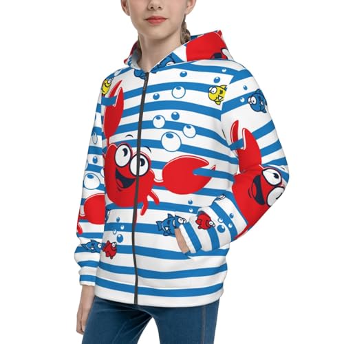 Red Funny Crab on Blue Stripe Kid Hoodies Boys Zip Up Sweatshirts Girls Pullover with Pocket