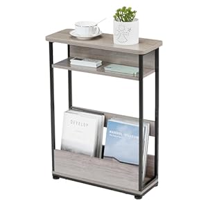 Vintage Narrow Side Table with Storage Shelf, 3 Tier Slim End Table Modern Sofa Table for Narrow and Small Spaces, 24.6 Inch Height Bedside Table Small Nightstand with Magazine Rack Space Saving (Oak)