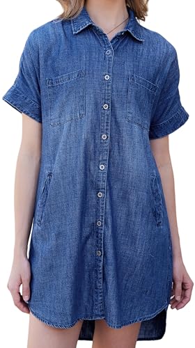 OVRUNS Women Denim Shirt Dress Short Sleeve Button Front High-Low Hem Jean Shirt Mini Dresses with Pockets - Main Image