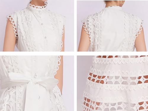 Image of LAI MENG FIVE CATS Women's Sleeveless Hollow Out Lace Button Up Casual Midi Party Dress with Belt