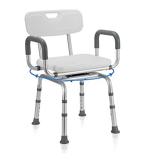 Yakimz Taburete de ducha para personas mayores, giratorio 360°, con respaldo y reposabrazos, altura regulable y 40-48 cm, taburete de baño con pies antideslizantes, asiento de ducha, asiento de ducha