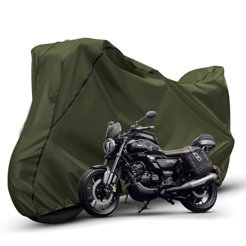 Image of Waterproof Bike Body Cover Compatible with Tvs Rohin Dustproof Scratchproof - Motorcycle Cover for Two Wheeler, Outdoor Full Cover with UV, Duty, Rain Protection (Olive with Black)