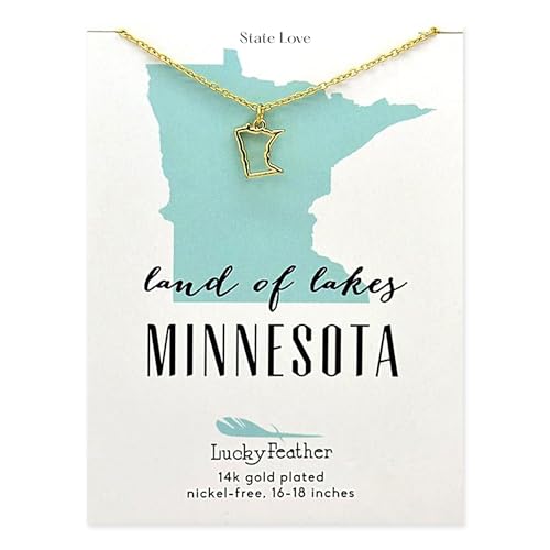 Lucky Feather Minnesota Shaped State Necklace, 14K Gold-Dipped Pendant on Adjustable 16”-18” Chain