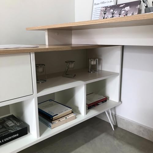 Escrivaninha em L Industrial para Home Office com Nichos e Pés de Metal Dubai Artany