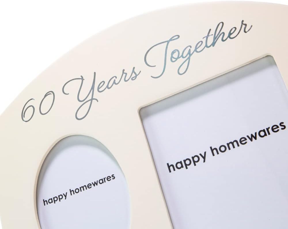Happy Homewares Contemporary 60 Years Together Then and Now Diamond Anniversary Light Beige Frame with Double Silver Rings | Beautiful 60th Anniversary Picture Frame