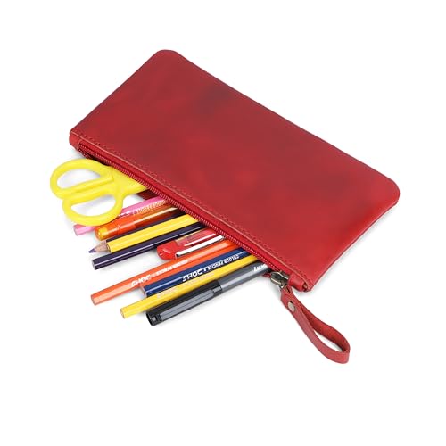 Image of Red Genuine Leather Pencil Case for Men & Women - Small Pen Case (8 inch x 4 inch Inch), Coin Pouch, Cash Holder, Multipurpose Leather Accessory Pouch with Zipper for Pens, Pencil & Currency
