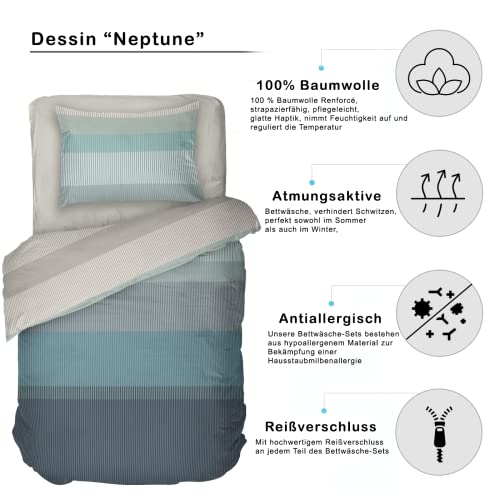 DILIOS Premium Bettwäsche 135x200, 100% Atmungsaktive Angenehme Baumwolle mit Reißverschluss, Renforcé Türkisblau Blau Grau Streifen, 2teilig Bettbezug 135 x 200 cm + Kissenbezug 80 x 80 - Image 7