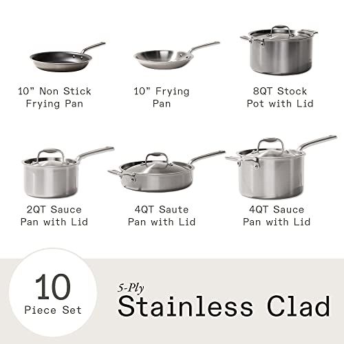 Made In Cookware - 10 Piece Stainless Steel Pot And Pan Set - 5 Ply Stainless Clad - Includes Stainless Steel & Non Stick Frying Pans, Saute Pan, Saucepans And Stock Pot With Lid #TOP1