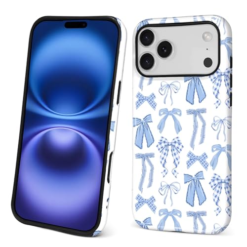 ZHEGAILIAN Case for iPhone 18 Pro Max 17 Pro Max,Durable Drop Protection Shockproof Silicone + Hard PC 2 in 1 Hybrid Protective Cover with Stylish Pattern Design Soft Blue Bow Girl Aesthetic
