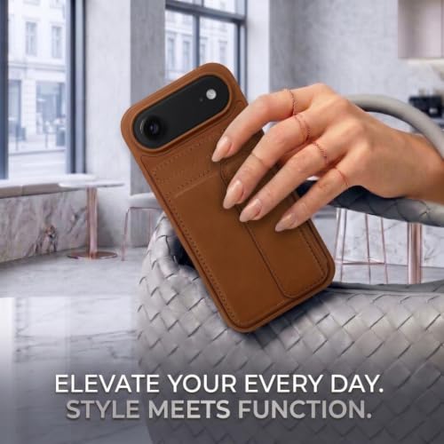 Image of amazon basics Luxury Vegan Leather Back Cover for iPhone 17 Air | Built-in Card Holder Slot | Integrated Mobile Stand | Slim Shockproof Protective Case with Stitched Finish - Tan