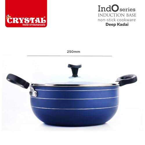 Image of Crystal Indo Series Non Stick Induction Base Deep Kadai 250Mm with Glass Lid
