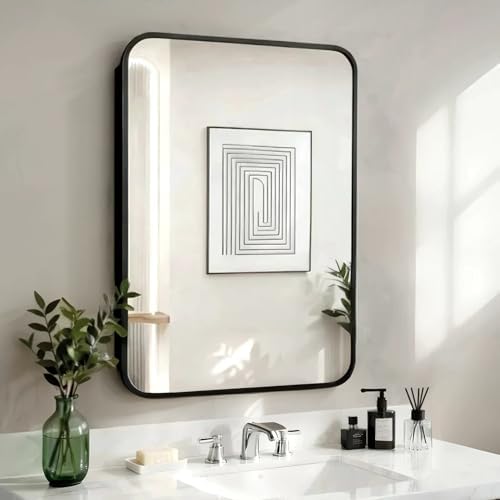 Bathroom Medicine Cabinet with Black Metal Framed Mirror, Recesse...