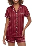 Umenlele Women's Silk Satin Pajamas Set Striped Short Sleeve Button Down Sleepwear 2 Piece Soft Loungewear PJs Red X-Large