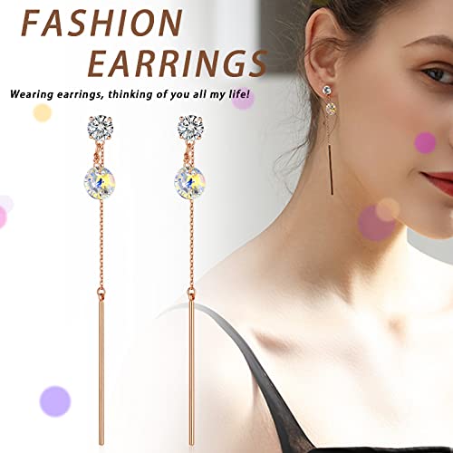 Fasjewly Rose Gold Plated Austrian Crystal Dangle Earrings,Cz Studs With Long Vertical Bar Drop Dangle Earrings Minimal Long Circle Bar Earrings Chain Geometric Jewelry For Women Girls #TOP7