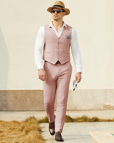 Men’s Linen Suit Slim Fit 2 Piece Lightweight Summer Suits Beach Wedding Vest Pants Set3